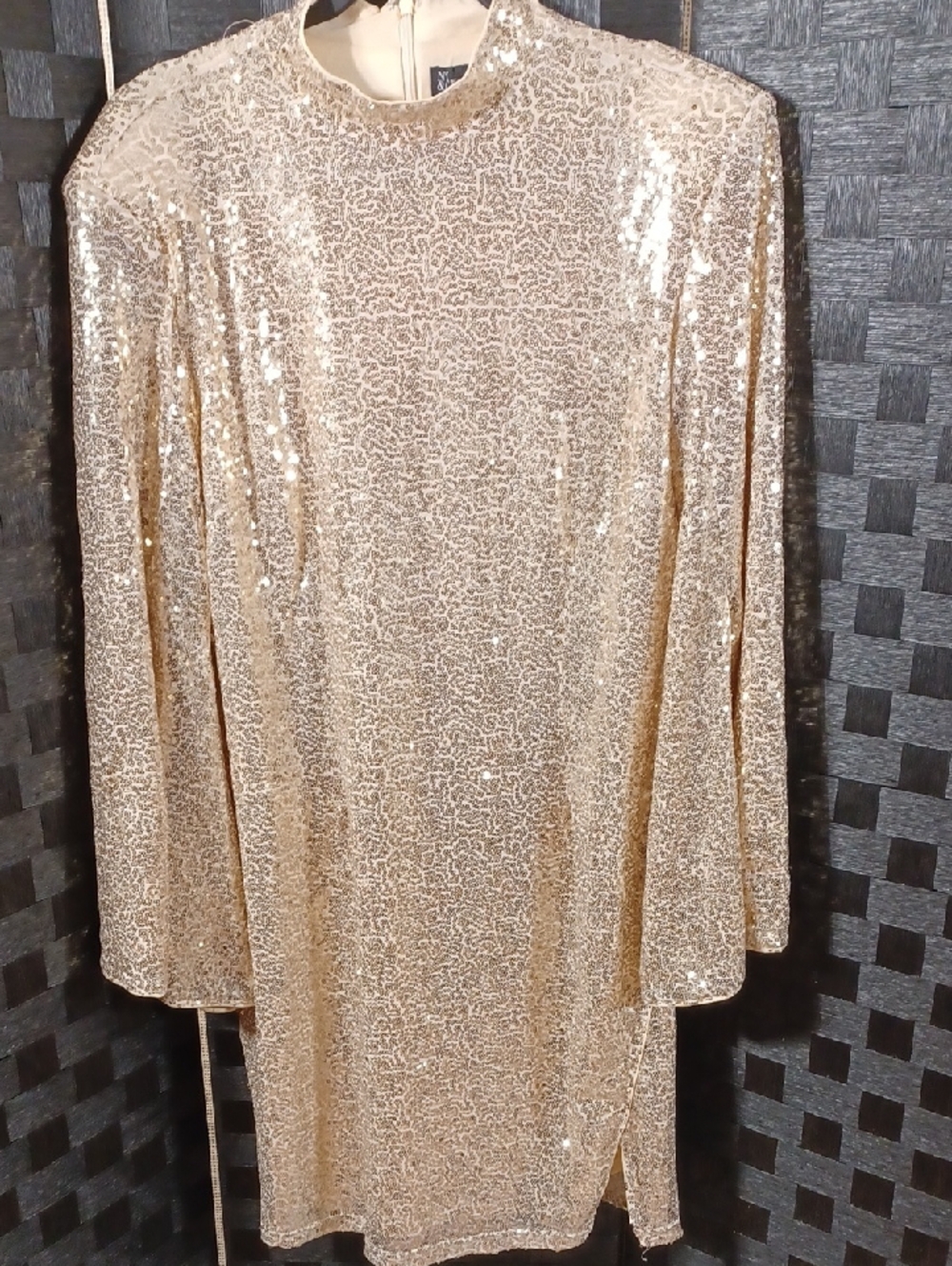 New York & Company Gold Sequin Long Sleeve Shift Dress